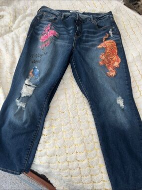 torrid Dark Wash Boyfriend Jeans with Pink Floral & Orange Tiger Embroidery